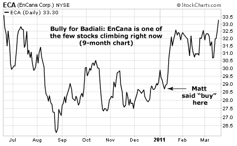 Bully for Badiali: EnCana is one of the  few stocks climbing right now